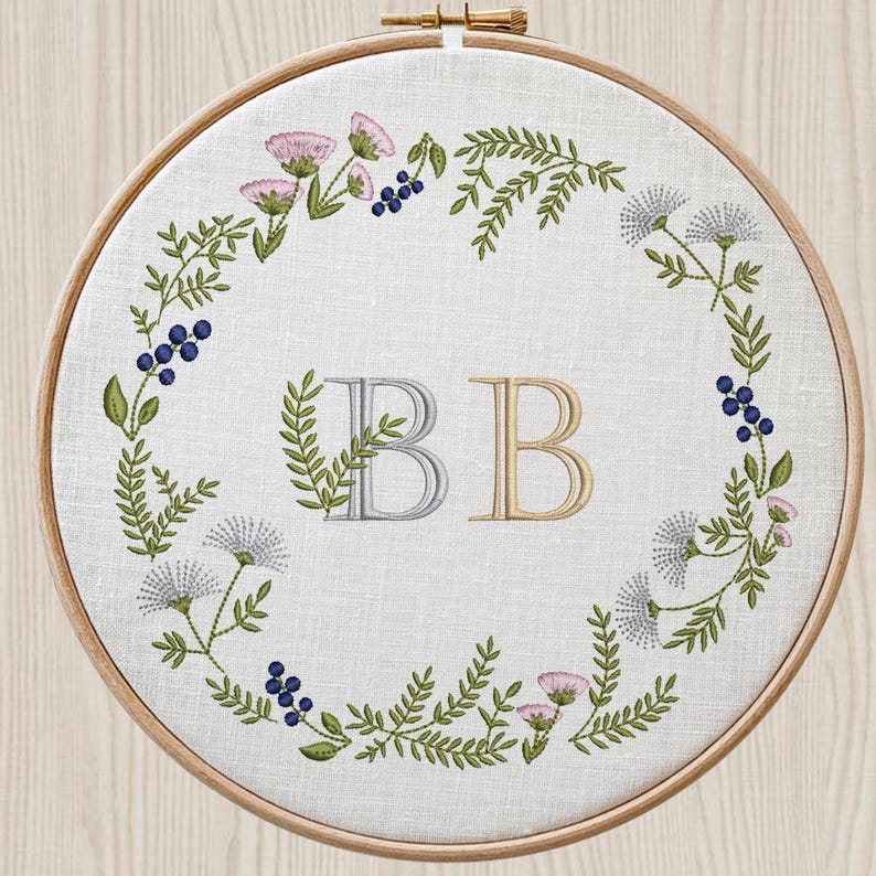 Wildflower Machine Embroidery Design: Frame, Wreath, Border embroidered on hoop