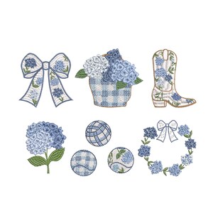 May include: Embroidered designs featuring blue hydrangea flowers. The image includes a bow, a basket of flowers, a cowboy boot, a single flower, three spheres, and a wreath with a bow. The designs are on a white background.