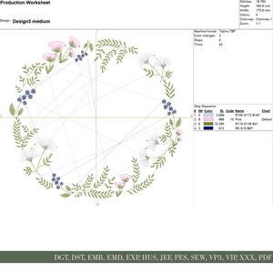 May include: An embroidery design featuring a circular floral wreath. The design includes pink flowers, blue berries, and green leaves. The design is 164.8 mm high and 175.8 mm wide. The design is for machine embroidery.