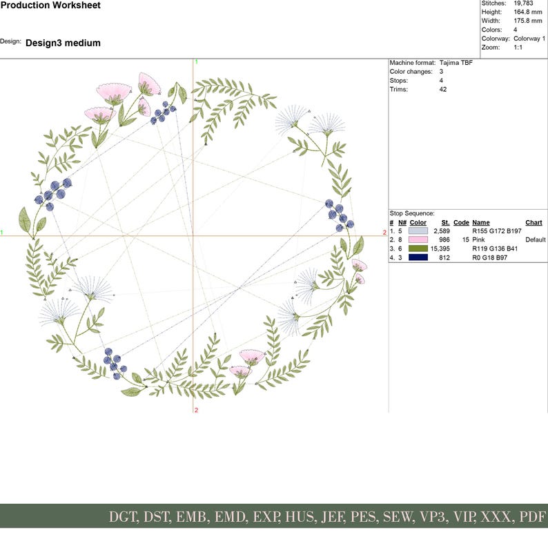 May include: An embroidery design featuring a circular floral wreath. The design includes pink flowers, blue berries, and green leaves. The design is 164.8 mm high and 175.8 mm wide. The design is for machine embroidery.