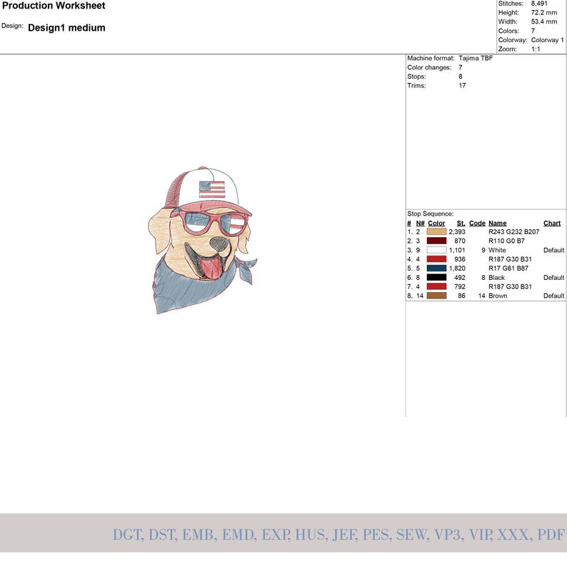 Puede incluir: Dise&ntilde;o bordado de un golden retriever con gafas de sol, gorra de b&eacute;isbol con la bandera estadounidense y pa&ntilde;uelo azul. El dise&ntilde;o est&aacute; etiquetado como "Design1 medium" e incluye detalles t&eacute;cnicos como puntadas y colores.