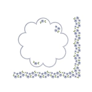 May include: White background with a scalloped-edge frame and floral border. The frame is outlined in a light blue stitch, with small blue flowers and green leaves embroidered on the frame and border.