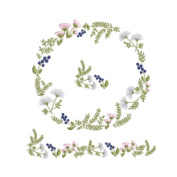 Wildflower Machine Embroidery Design: Frame, Wreath, Border (Digital ZIP File) 3 elements, 7 sizes