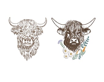 Diseño de bordado a máquina de vaca de las Tierras Altas de Escocia: 2 patrones digitales (archivo ZIP, 7 tamaños)