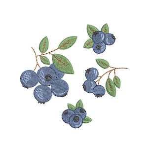 Puede incluir: Un diseño de bordado que presenta cuatro racimos de arándanos con bayas de color azul oscuro y hojas de color verde claro sobre tallos marrones. El diseño muestra diversas disposiciones de bayas y follaje con textura de hilo visible.