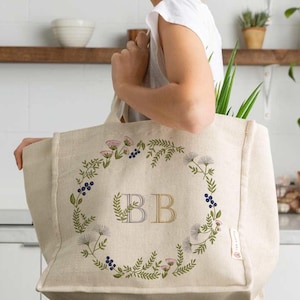 Wildflower Machine Embroidery Design: Frame, Wreath, Border embroidered on canvas bag