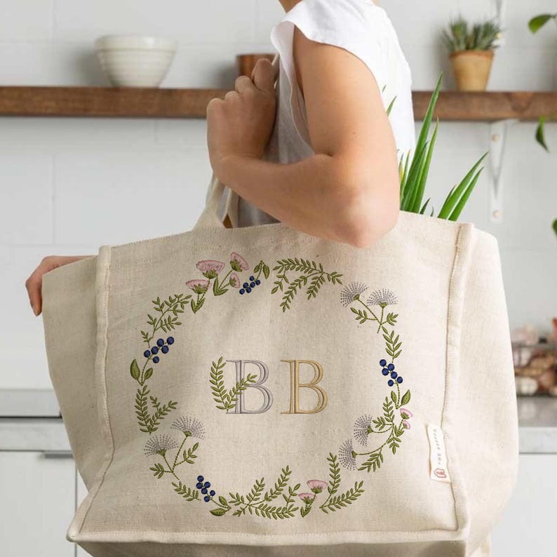 Wildflower Machine Embroidery Design: Frame, Wreath, Border embroidered on canvas bag