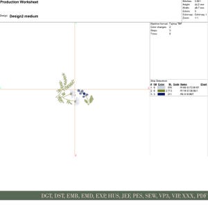 May include: An embroidery design featuring a floral corner element with green leaves, white flowers, and blue berries. The design is labeled "Design2 medium" and includes technical details like stitch count and dimensions.