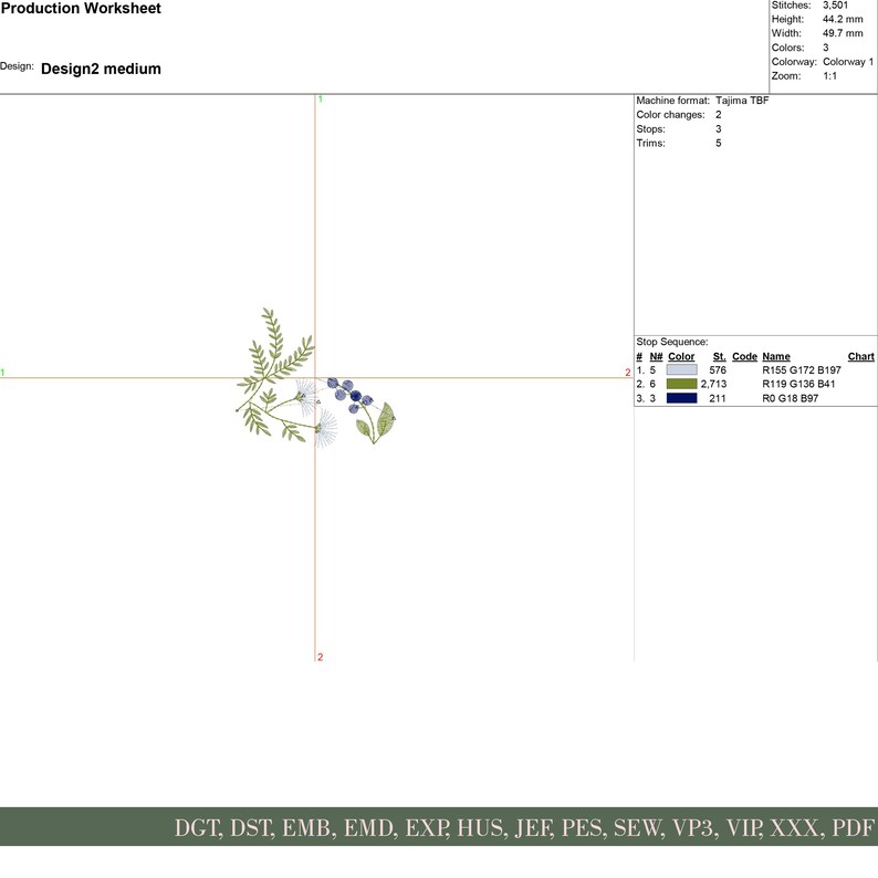 May include: An embroidery design featuring a floral corner element with green leaves, white flowers, and blue berries. The design is labeled "Design2 medium" and includes technical details like stitch count and dimensions.