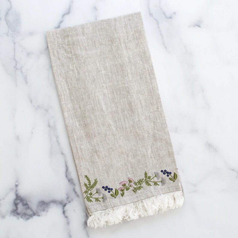 Wildflower Machine Embroidery Design: Frame, Wreath, Border embroidered on kitchen towel