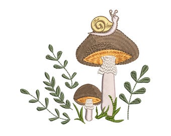 Diseño de bordado a máquina de setas y caracoles: Patrón estilo cottagecore (16 archivos digitales, 7 tamaños)