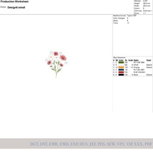 Puede incluir: Un dise&ntilde;o de bordado floral, etiquetado como "Design6 small", con amapolas rojas, margaritas blancas y hojas verdes. El dise&ntilde;o incluye peque&ntilde;os acentos de estrellas. La hoja de producci&oacute;n detalla puntadas, altura (49,9 mm), ancho (40,6 mm) e informaci&oacute;n de color.