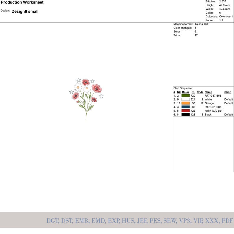 Puede incluir: Un dise&ntilde;o de bordado floral, etiquetado como "Design6 small", con amapolas rojas, margaritas blancas y hojas verdes. El dise&ntilde;o incluye peque&ntilde;os acentos de estrellas. La hoja de producci&oacute;n detalla puntadas, altura (49,9 mm), ancho (40,6 mm) e informaci&oacute;n de color.