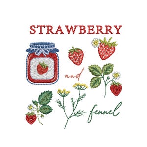 May include: Embroidered design featuring the word "STRAWBERRY" above a jar of strawberry jam, strawberries, and fennel. The design includes green leaves, yellow flowers, and the word "fennel". The image is on a white background.