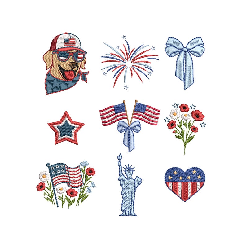 Puede incluir: Dise&ntilde;os patri&oacute;ticos bordados sobre un fondo blanco. Incluye un perro con gafas de sol y sombrero, fuegos artificiales, lazos, estrellas, banderas americanas, flores, la Estatua de la Libertad y un coraz&oacute;n.