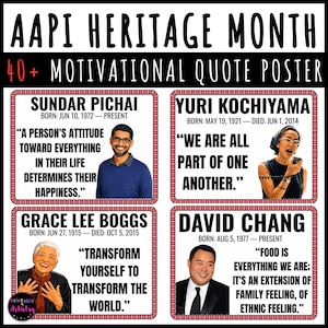 Può includere: Un poster per il Mese del patrimonio AAPI con citazioni motivazionali. Presenta quattro individui: Sundar Pichai, Yuri Kochiyama, Grace Lee Boggs e David Chang, ognuno con una citazione e date di nascita/morte.
