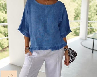 Baumwolle Leinen Sommer Bluse | Rundhals-Kurzarm-Lose Fit Casual Shirt