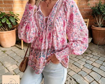 Bohemian Rayon Lace-Up Top | Resort Style Long Sleeve Printed Shirt Casual Boho Blouse