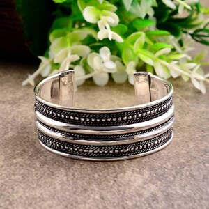 Wide Oxidized Sterling Silver Cuff, Tribal Pattern Dotted Rope Bangle, Statement Artisan Jewelry, Bohemian Wide Silver Cuff, Black Oxidized