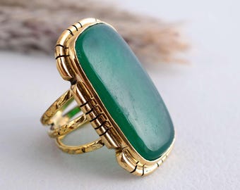 Large Green Onyx Statement Ring | Rectangle Gold Brass Cocktail Ring | Long Finger Gemstone Jewelry