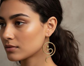 Gold Snake Earrings, Spiral Serpent Drop Earrings, Minimalist Statement Jewelry, Boho Gothic Gift for Her