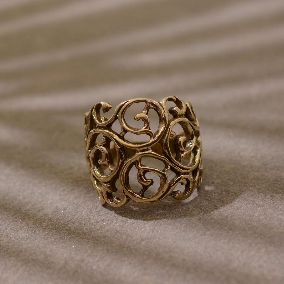 Scrollwork Ring Wide Gold Scrollwork Band Ring, Vintage Style Filigree Ring, Brass ...