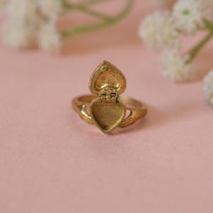 May include: A gold-colored heart-shaped locket ring with an open top, revealing a hollow interior. The ring is set against a soft pink background, with white flowers in the blurred background.