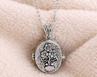 Antique Silver Floral Tree Locket Necklace | Rose Quartz Keepsake Pendant, Detailed Flower Bouquet Photo Locket