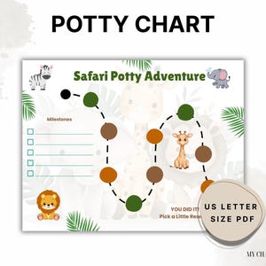 Puede incluir: Un gráfico de entrenamiento para ir al baño imprimible con un tema de safari, con una cebra, un elefante, un león y una jirafa. Se muestra el texto "POTTY CHART" y "Safari Potty Adventure". Incluye "US LETTER SIZE PDF".