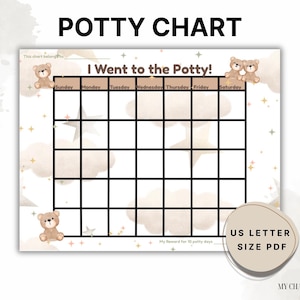 May include: A potty chart with the text "POTTY CHART" at the top. The chart has a grid for tracking potty use, with the words "I Went to the Potty!" above the grid. The chart is decorated with teddy bears, clouds, and stars.