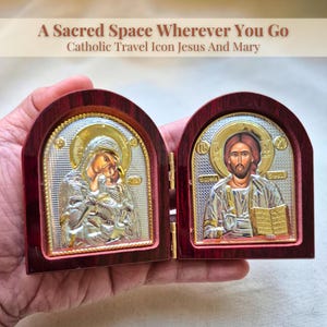 Wooden Catholic Diptych Icon Folding Pocket Icon Jesus And Mary Icon Diptych Pocket Travel Altar Catholic Bedside Icon Devotional Gift