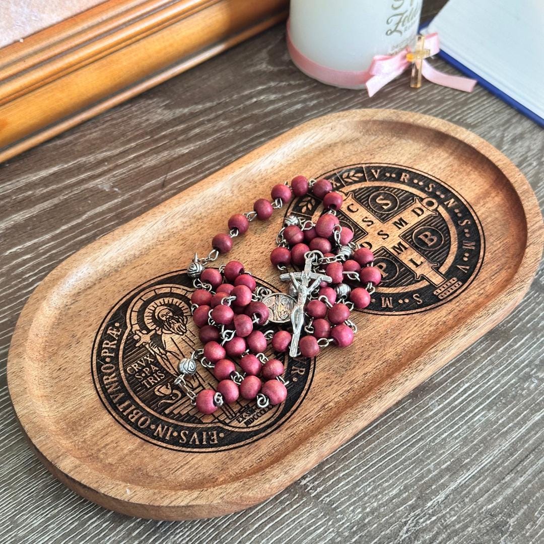 Rosary Rack St Benedict Rosary Holder Wooden Tray Catholic Rosary Dish Personalized ...