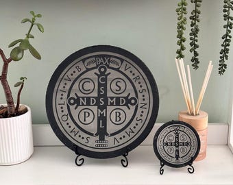 Saint Benedict Medal Slate Plaque Engraved St Benedict Medal Catholic Home Protection Decor Saint Benedict Cross Wall Plaque Catholic Gift