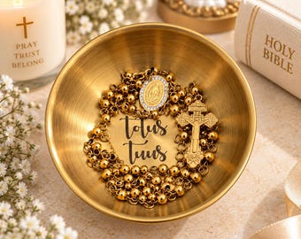 Personalized Rosary Dish Gold Rosary Holder Engraved Catholic Gift for Her Custom Prayer Bead Dish St Benedict Rosary Gift