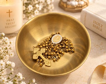 Gold Rosary Dish Catholic Rosary Holder Jewelry Dish Prayer Bead Tray Catholic Gift with Optional St Benedict Rosary Necklace