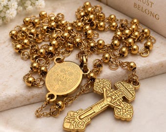 Gold Rosary for Women Catholic Rosary Necklace Gift for Her Elegant Womens Prayer Beads St Benedict Rosary Religious Jewelry