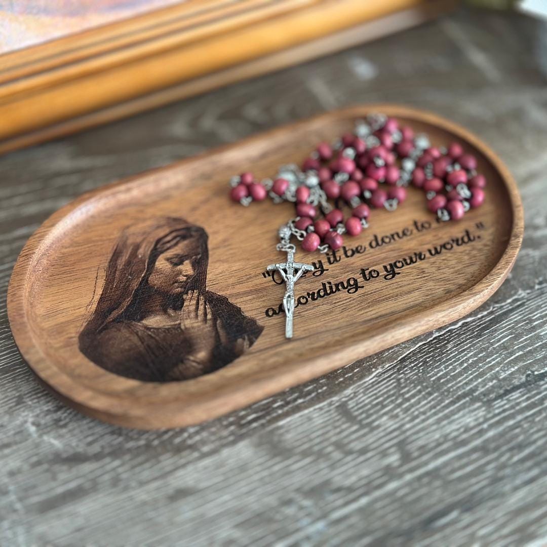 Rosary Rack Personalized Rosary Holder Wooden Rosary Tray Virgin Mary Rosary Dish ...