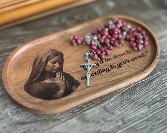 Personalized Rosary Holder Wooden Rosary Tray Virgin Mary Rosary Dish Catholic Gift for Mom Marian Devotion Catholic Home Prayer Table Decor