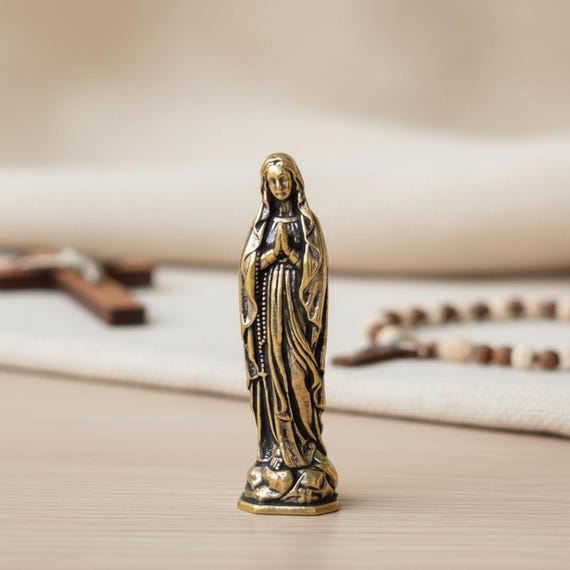 Virgin Mary Statue Catholic Desk Decor Brass Marian Small Figurine Mini Altar Prayer Corner Decor Catholic Gift For Her Home Decor