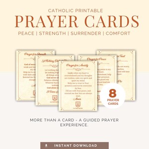May include: A collection of eight Catholic prayer cards with various prayers for strength, peace, and trust. The cards have a vintage design with decorative borders and text. The words "Prayer Cards" are prominently displayed.