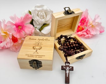 Custom Engraved Rosary Box First Communion Personalized Keepsake Wooden Prayer Box Catholic Gift for Goddaughter Godson Religious Keepsake