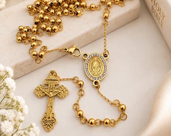 St Benedict Rosary for Women Gold Rosary Necklace Catholic Gift for Her Womens Catholic Rosary Prayer Beads
