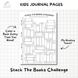 Puede incluir: Una página de diario "Stack the Books Challenge" en blanco y negro para niños. La página presenta una cuadrícula de contornos de libros para colorear, con texto que dice "¡Colorea un libro cada vez que leas!" y "¡Mi Torre de Lectura!"