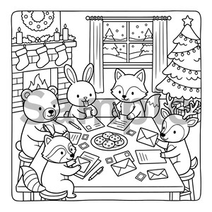 Peut inclure: Illustration en noir et blanc d'animaux de la forêt autour d'une table. Un ours, un lapin, un renard, un raton laveur et un cerf écrivent des lettres, avec des biscuits et des enveloppes. Un sapin de Noël et une cheminée sont en arrière-plan.