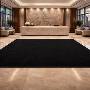 May include: A large, rectangular black rug dominates the foreground of a luxurious lobby. The rug is centered on a polished, light-colored stone floor. The background features a reception desk, seating areas, and large windows with a city view.