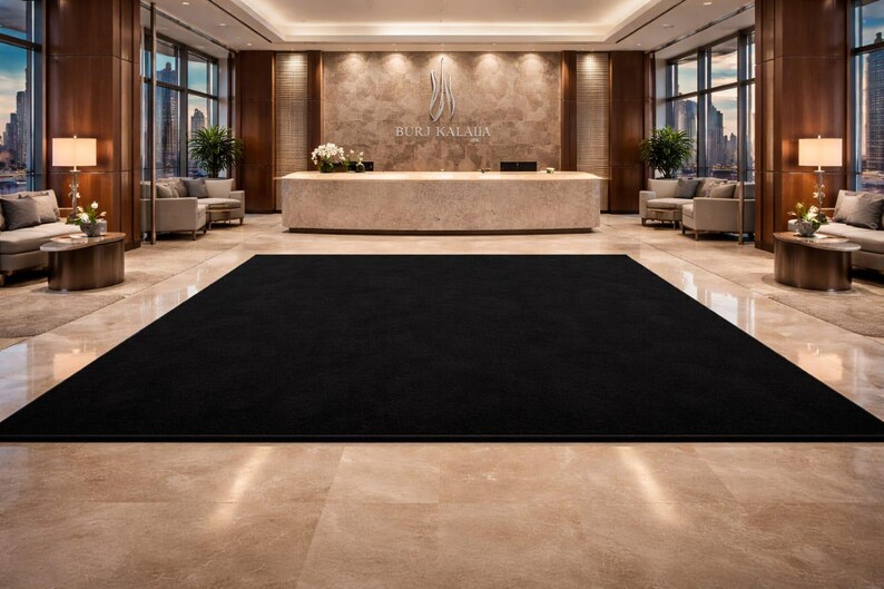 May include: A large, rectangular black rug dominates the foreground of a luxurious lobby. The rug is centered on a polished, light-colored stone floor. The background features a reception desk, seating areas, and large windows with a city view.