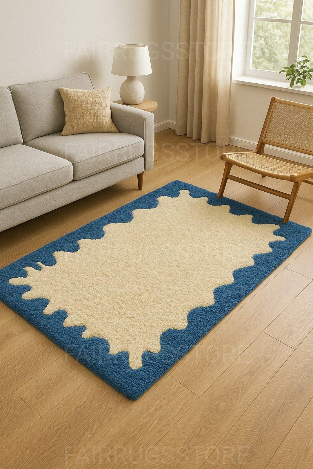 Modern Wavy Edge Tufted Area Rug – Blue and Cream Abstract Handmade ...