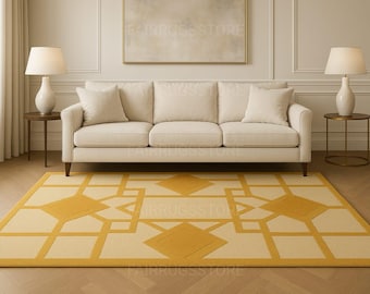 Geometric Yellow Rug: Modern Beige Accent Carpet
