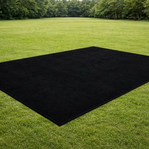 May include: A large, rectangular black rug is placed on a green grassy lawn. The rug is a solid black color and appears to be made of a soft material. The background features a green field and trees.