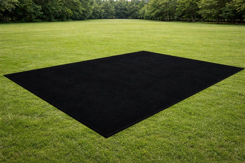 May include: A large, rectangular black rug is placed on a green grassy lawn. The rug is a solid black color and appears to be made of a soft material. The background features a green field and trees.